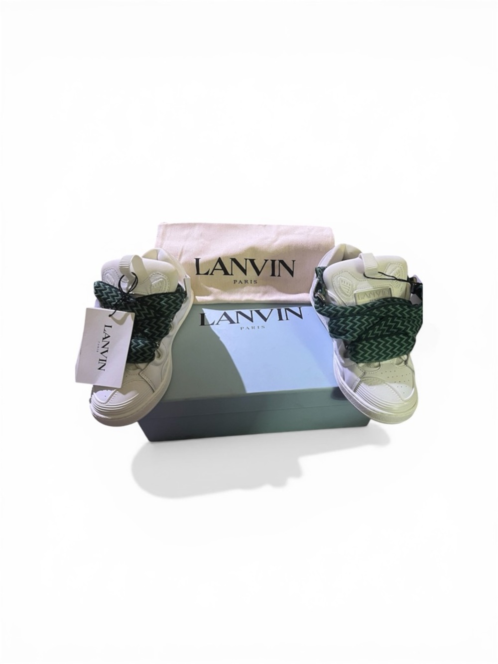 Lanvin White Leather Sneakers with Dark Green Chevron Strap